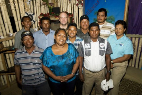 Nora Trino, governor of La Moskitia, front row center, with Miskito diver leaders and Belizean authorities during fisher-to-fish