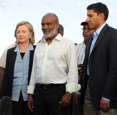 Left to right: Secretary of State Hillary Rodham Clinton, Haitian President René Préval, and USAID Administrator Rajiv Shah.