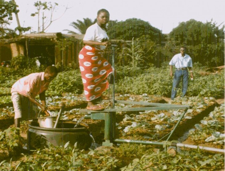 A woman uses a foot pump to get water for gardening out of a well. 