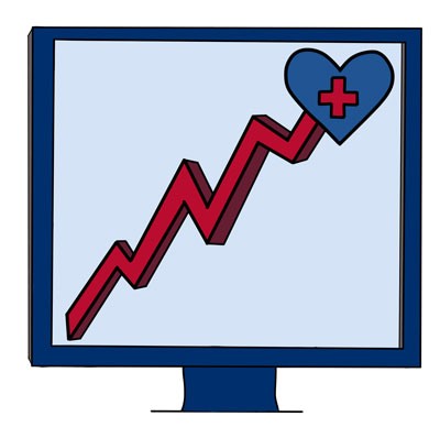 Graphic of a monitor with a chart line going up and a heart representing health at the top.