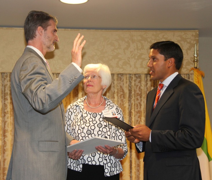 In 2012, USAID Administrator Dr. Rajiv Shah, right, administered the oath of office to Chris Milligan, the Agency’s first Missio