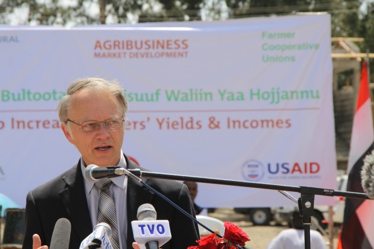 USAID Ethiopia Mission Director Dennis Weller gives remarks at a ceremony to inaugurate the fertilizer blending facility.