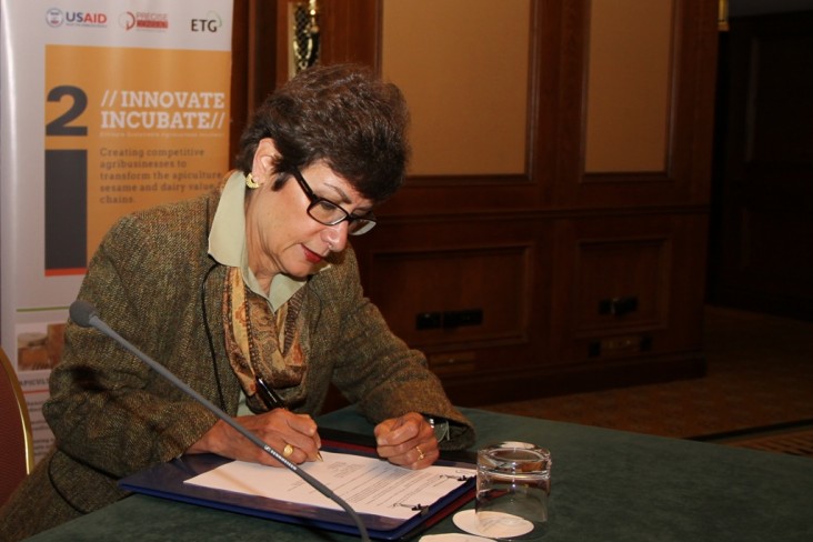U.S. Ambassador to Ethiopia Patricia Haslach signs an agreement formalizing the collaboration between USAID and Irish Aid