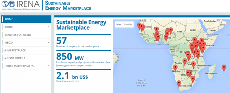 Screenshot of the International Renewable Energy Agency sustainable energy marketplace website