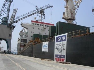 USAID-branded ship at dock