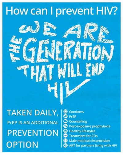 Poster saying "How can I prevent HIV? Taken daily, PrEP is an additional prevention option. Includes figure of a heart.