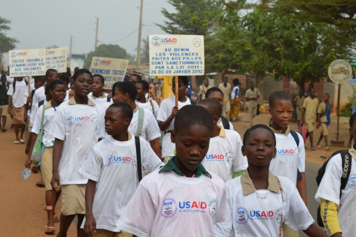 Students in Comé, Benin march against violence and intimidation of girls in school.