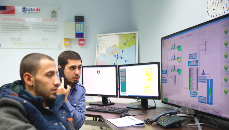 Checking and analyzing data from the well sites inside the control room in Ramallah