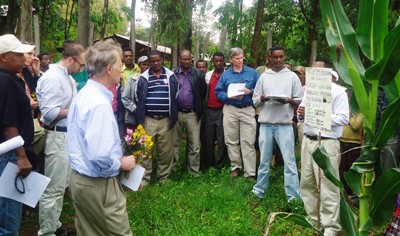 USAID/Ethiopia Mission Director Dennis Weller (holding flowers) visits the Ginchi maize demonstration site.