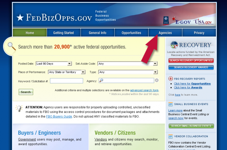 1. Go to fbo.gov and click the Agencies tab