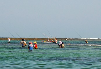Indonesian fishermen take advantage of a low tide in the Bali Sea.