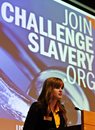 Student leader Kaitlyn Fitzgerald speaks at the Challenge Slavery event at Arizona State University on January 9. 