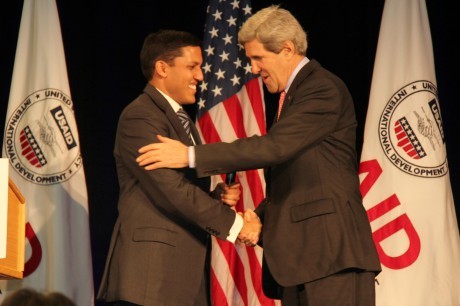 Administrator Rajiv Shah welcomes Secretary of State John Kerry to USAID. Photo credit: Pat Adams, USAID