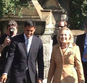 Secretary of State Hillary Clinton and USAID Administrator Rajiv Shah on the Georgetown Campus for at Thursday's Child Survival 