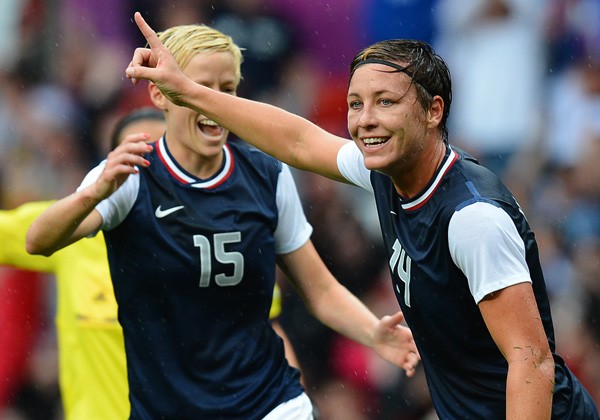 US forward Abby Wambach (R) celebrates after scoring during the London 2012 Olympic Games. Photo: Andrew Yates, AFP 