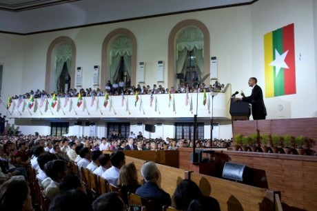 U.S. President Barack Obama delivers a speech at the University of Yangon in Burma.