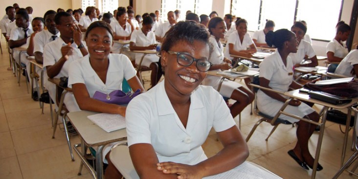 Nursing and midwifery students prepare for their class to start at Garden City University College in Kumasi, Ghana
