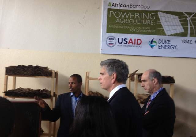 (l-r) Dr. Gulelat Gatew at African Bamboo describes his company’s innovative technology at the Addis Ababa facility.