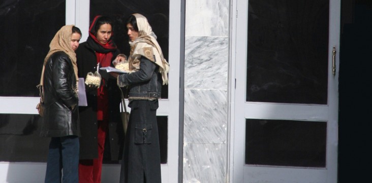 Students chat outside Kabul University Medical School, which is being fixed up with U.S. and other international aid.