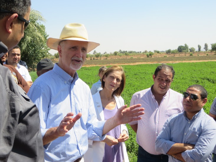 U.S. Ambassador R. Stephen Beecroft speaks with farmers and exporters at a peppermint field in Wadi Nukra, Aswan.  USAID provides training, market information, and connections with exporters to help farmers increase incomes through integrating into high-value commercial horticulture markets.  