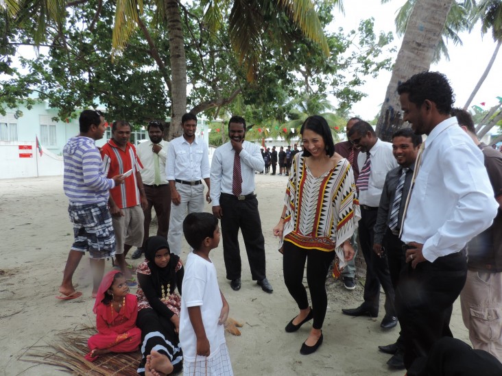 U.S. Ambassador Michele J. Sison talks to local children during her welcome to Mathiveri island. According to North Ari Atoll Co