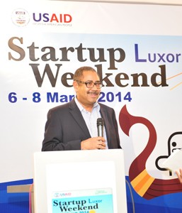 USAID/Egypt Economic Growth Director Dr. William Patterson addresses StartUp Weekend competitors in Luxor.