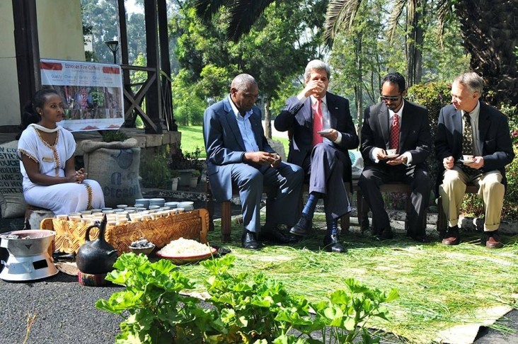 Secretary of State John Kerry drinks a cup of coffee during a traditional Ethiopian coffee ceremony.