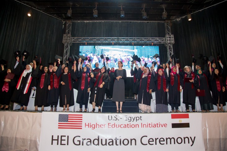 USAID/Egypt Mission Director Sherry F. Carlin with the 52 women HEI MBA graduates at their graduation event.