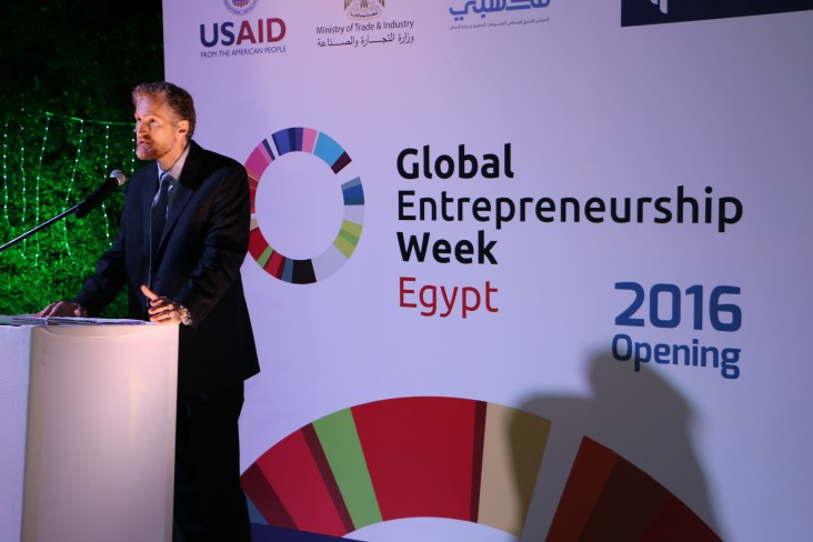 USAID/Egypt Economic Growth Director Brinton Bohling speaks to more than 150 Egyptian investors, analysts, and businesspeople on the opening day of Global Entrepreneurship Week in Cairo.