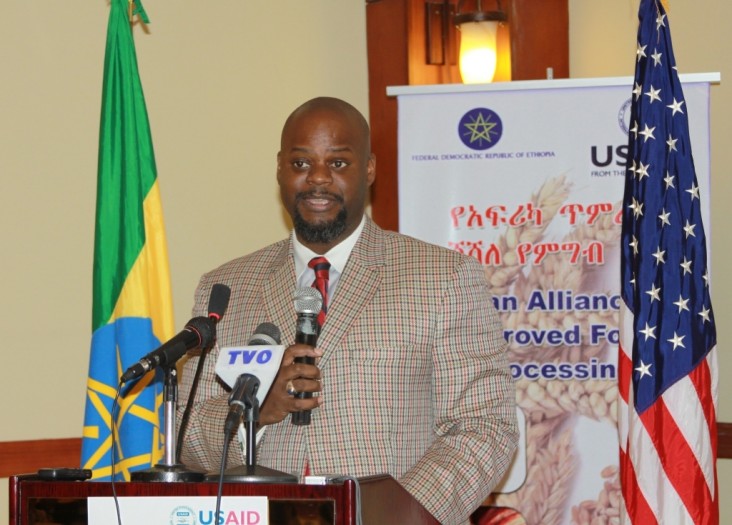 USAID Ethiopia Deputy Mission Director Jason Fraser addresses approximately 60 guests at the AAIFP project launch in Addis Ababa