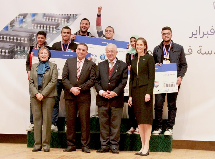 Winners of the Cairo Intel Science Fair will advance to the international competition in Los Angeles later this year. Here, they pose with Minister of Education Dr. Tarek Shawki and USAID/Egypt Mission Director Sherry F. Carlin.