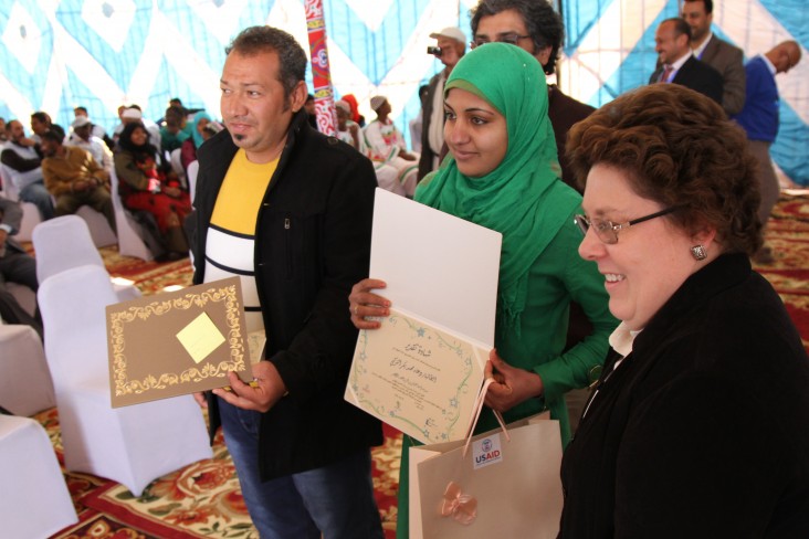 USAID Deputy Mission Director Dr. Anne E. Patterson gives certificates to entrepreneurship competition winners in Upper Egypt.