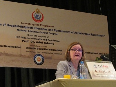 USAID/Egypt mission director, Dr. Mary C. Ott, speaks at the launch of a program to decrease hospital infections.