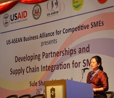 Dr. Thet Thet Khine, Vice President of Myanmar Women Entrepreneurs Association, speaks to over 250 SMEs about building a competi