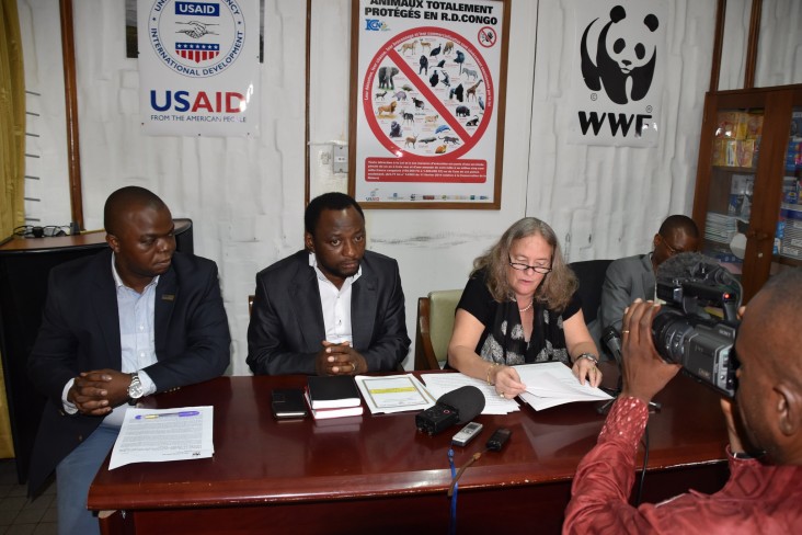 Dr. Diana Putman, USAID/DRC Mission Director, speaks at a press conference with World Wildlife Fund officials in Kinshasa on Feb
