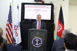 William Hammink, USAID/Afghanistan Mission Director, gives speech during the event.