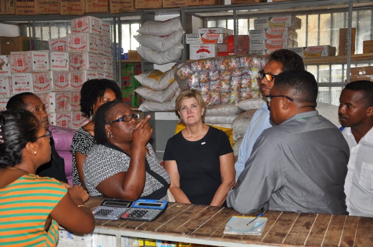 USAID Mission Director Susan Sawhill Riley visits a pharmaceutical wholesale shop in Diego, in northern Madagascar