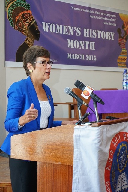 U.S. Ambassador Haslach delivers words of inspiration to female students and Addis Ababa University staff members.