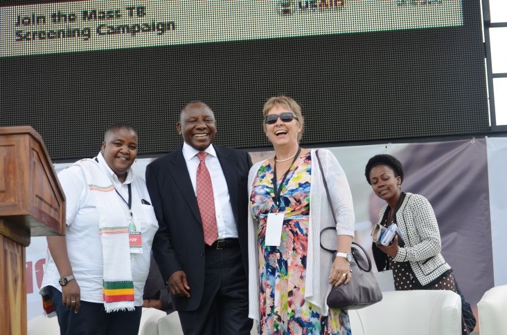 Mission Director Cheryl Anderson with Deputy President of SA, Cyril Ramaphosa and Ms. Steve Letsike of SANAC on the left and XDR