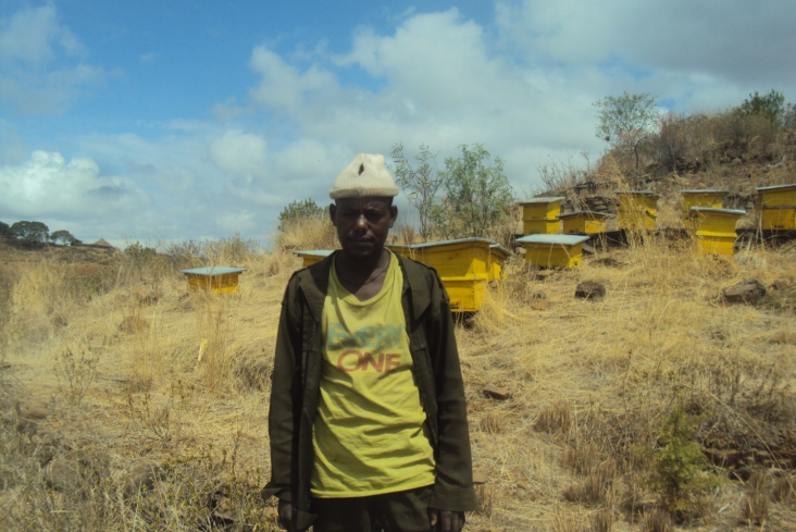 In the Amhara region of Ethiopia, Mariye Amsalu stands in front of the bee colonies his youth group manages. 
