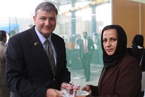 Sima Ghoryani, the founder of Ghoryan District Women Saffron Association, meets with U.S. Ambassador Karl W. Eikenberry during h