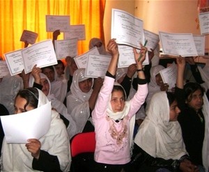 Schoolgirls in Kandahar celebrate their achievements in English and computer courses offered by the Kandahar Health and Developm