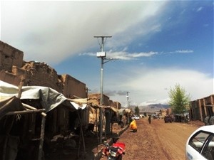 A row of completed streetlights along the roadside in Tirin Kot.