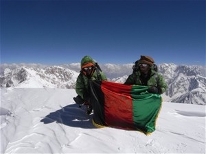 "Afghans to the Top." Amriddin Sanger (L) and Malang Daria (R) at the summit of Noshaq in July 2009.