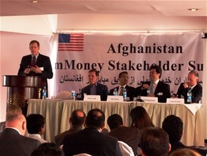 Representatives from Afghanistan's four mobile network operators speak at the USAID-sponsored mMoney Stakeholder Summit.