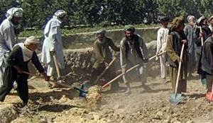 Local laborers in Arghandab, Kandahar, start construction on a rural road.