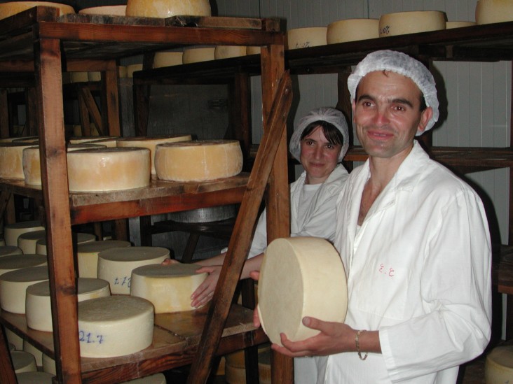 A man holds a block of cheese in a cheese storage facility
