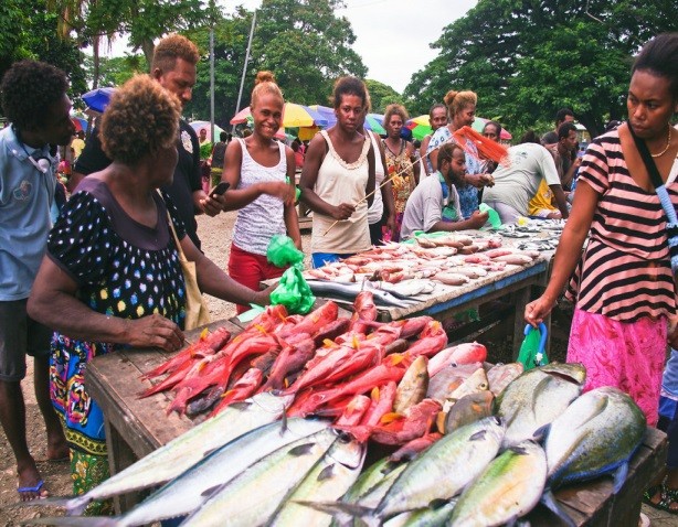 Surveyors for the Solomon Islands’ Ministry of Fisheries and Marine Resources interview vendors at a fish market in the capital 
