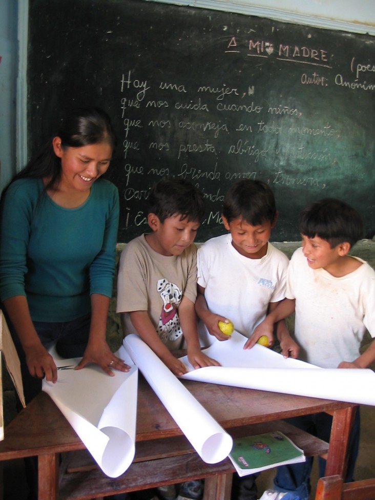 To gain teaching experience, a USAID scholarship recipient volunteers at a school near Carmen Pampa, in Bolivia&rsquo;s Yungas r