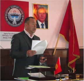 Newly elected Isanov AO Head Nurlan Asanov at the public budget hearings in Isanov Village Administration